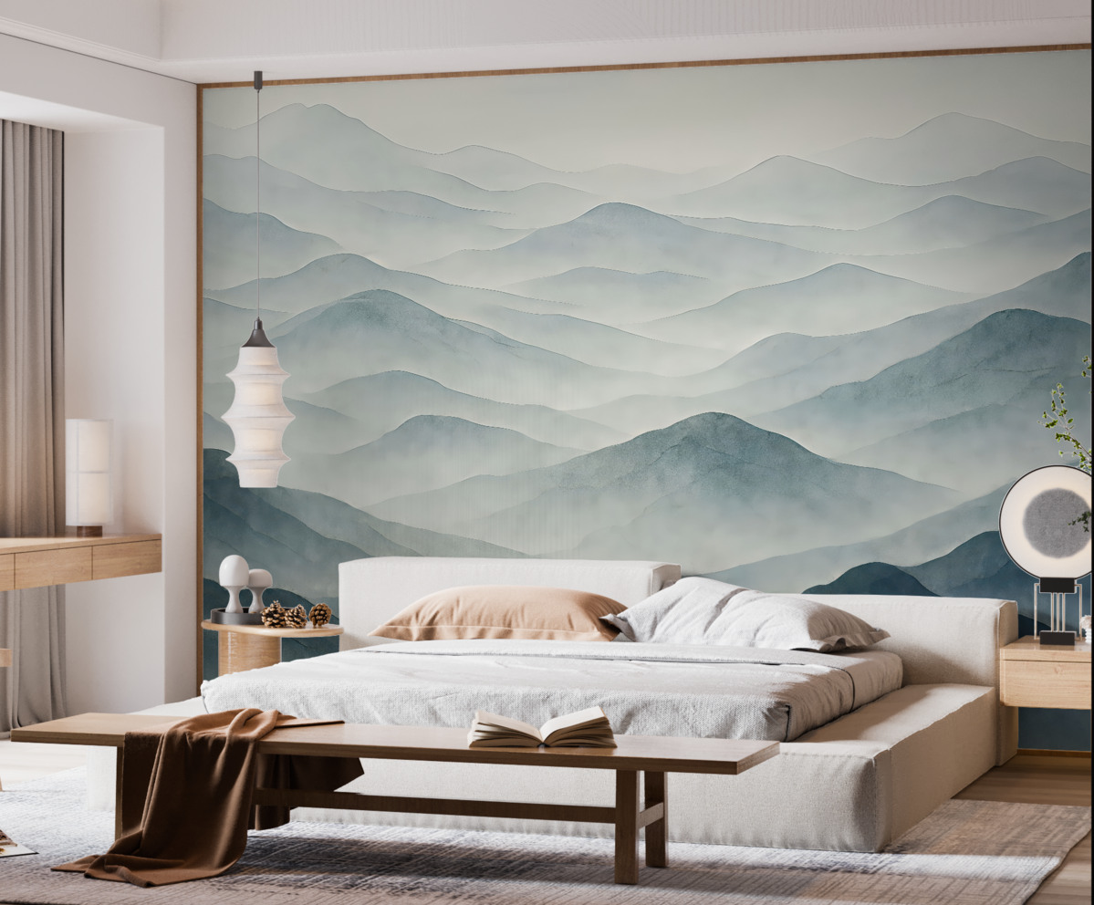 Fototapeta Górski pejzaż z wzgórzami i mlekiem sprawiający wrażenie cichej i nastrojowej scenerii.