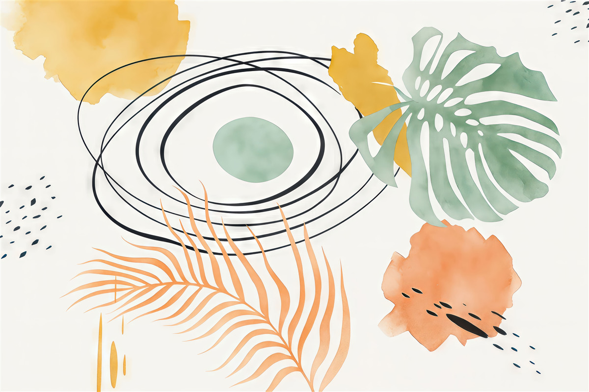 Fototapeta Abstrakcja w stylu Boho, liść monstery i palmy, zagięte linie, kropka, geometryczny, topograficzny, niebieski, żółty, różowy odcień.