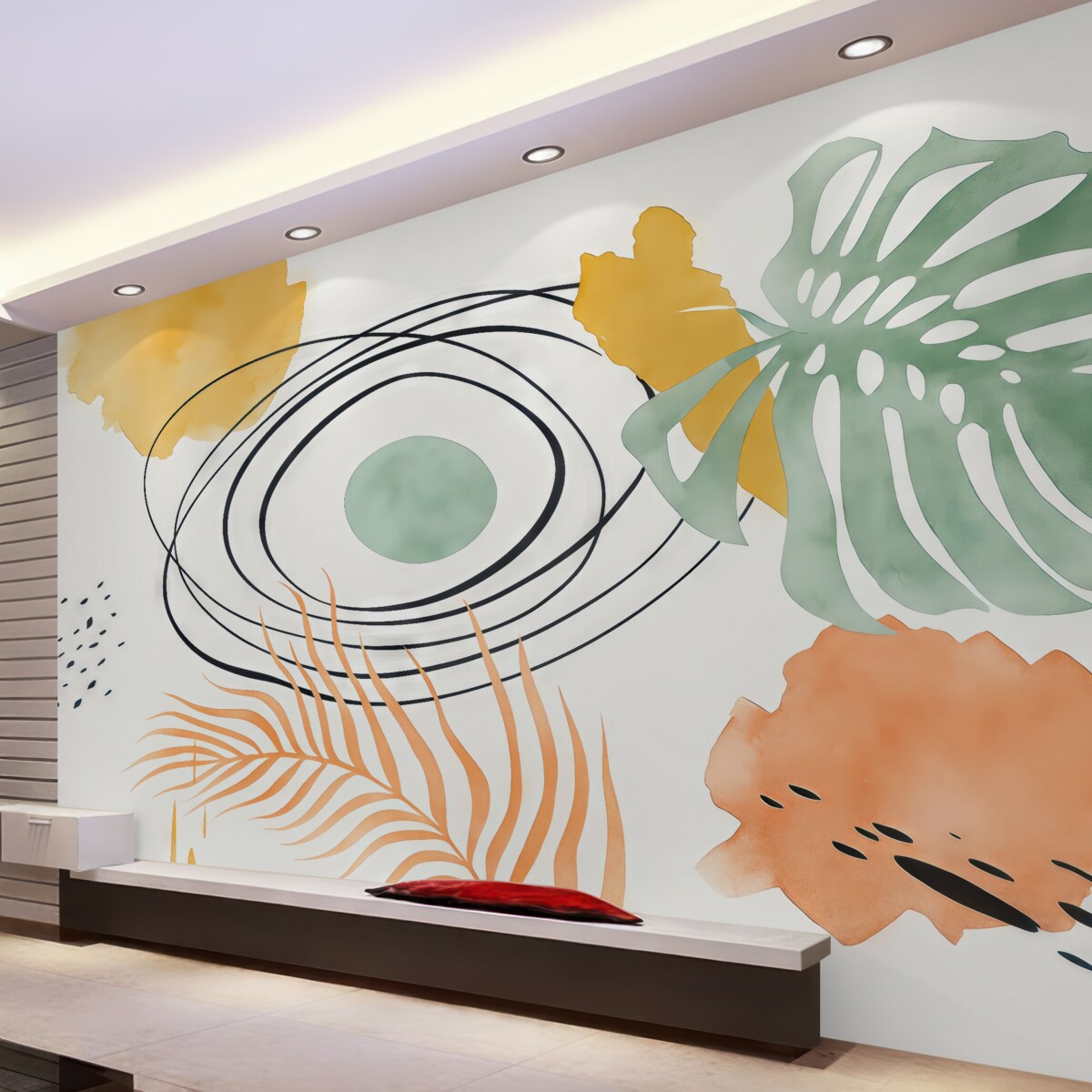 Fototapeta Abstrakcja w stylu Boho, liść monstery i palmy, zagięte linie, kropka, geometryczny, topograficzny, niebieski, żółty, różowy odcień.