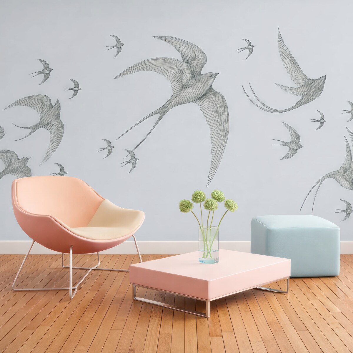 Fototapeta Liniowe jaskółki na błękitnym tle.