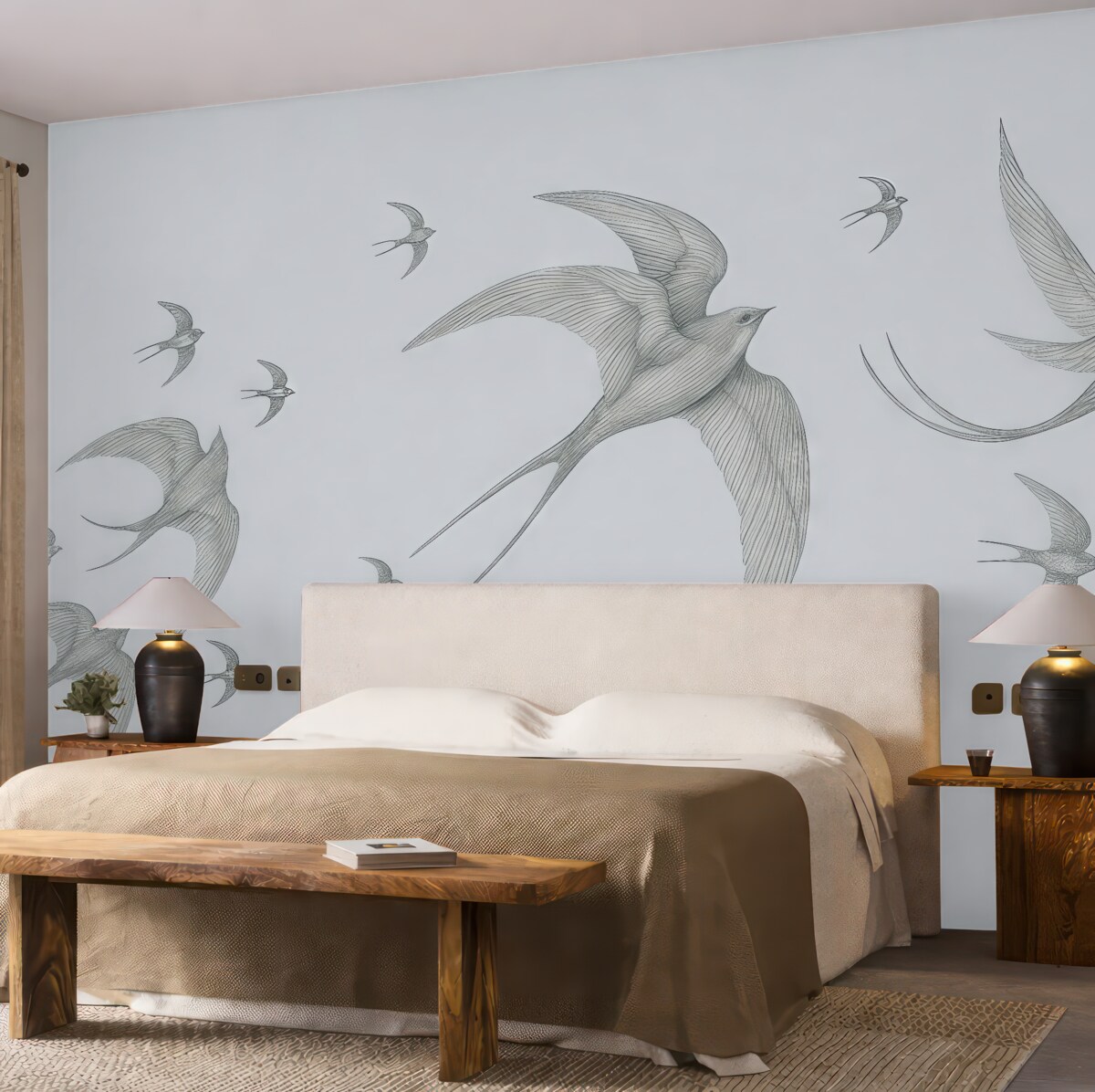 Fototapeta Liniowe jaskółki na błękitnym tle.