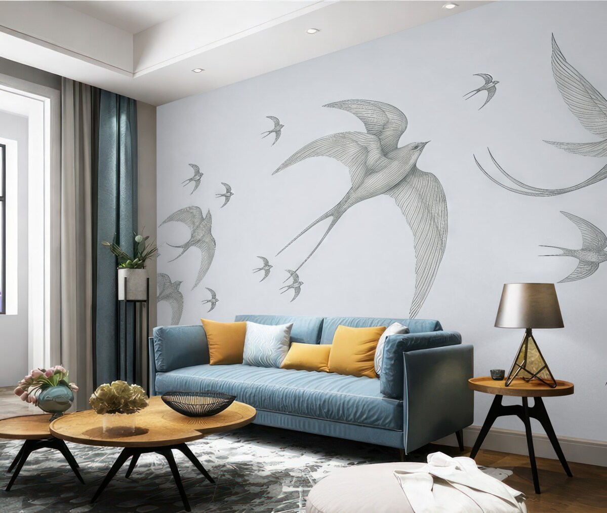 Fototapeta Liniowe jaskółki na błękitnym tle.