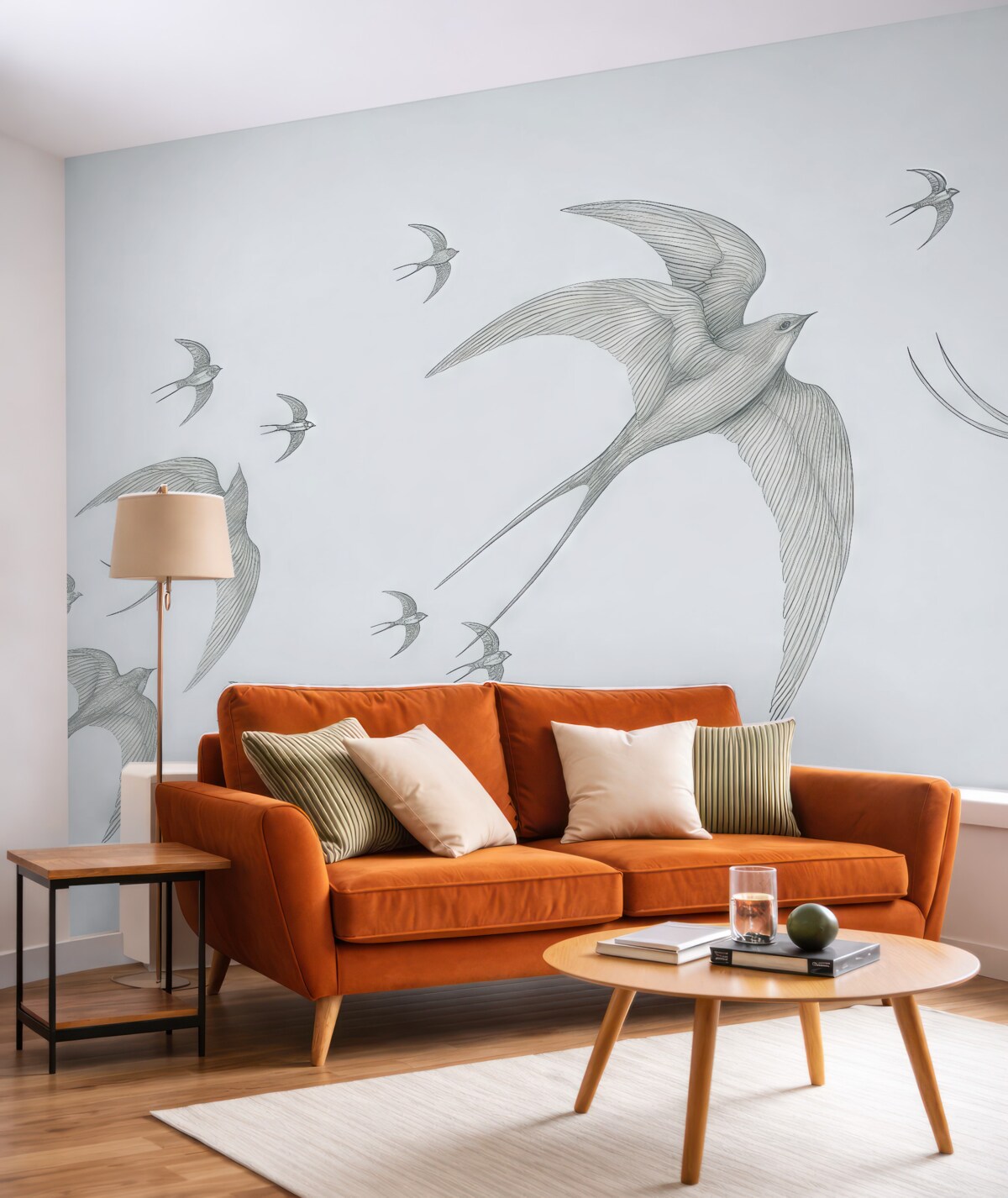 Fototapeta Liniowe jaskółki na błękitnym tle.