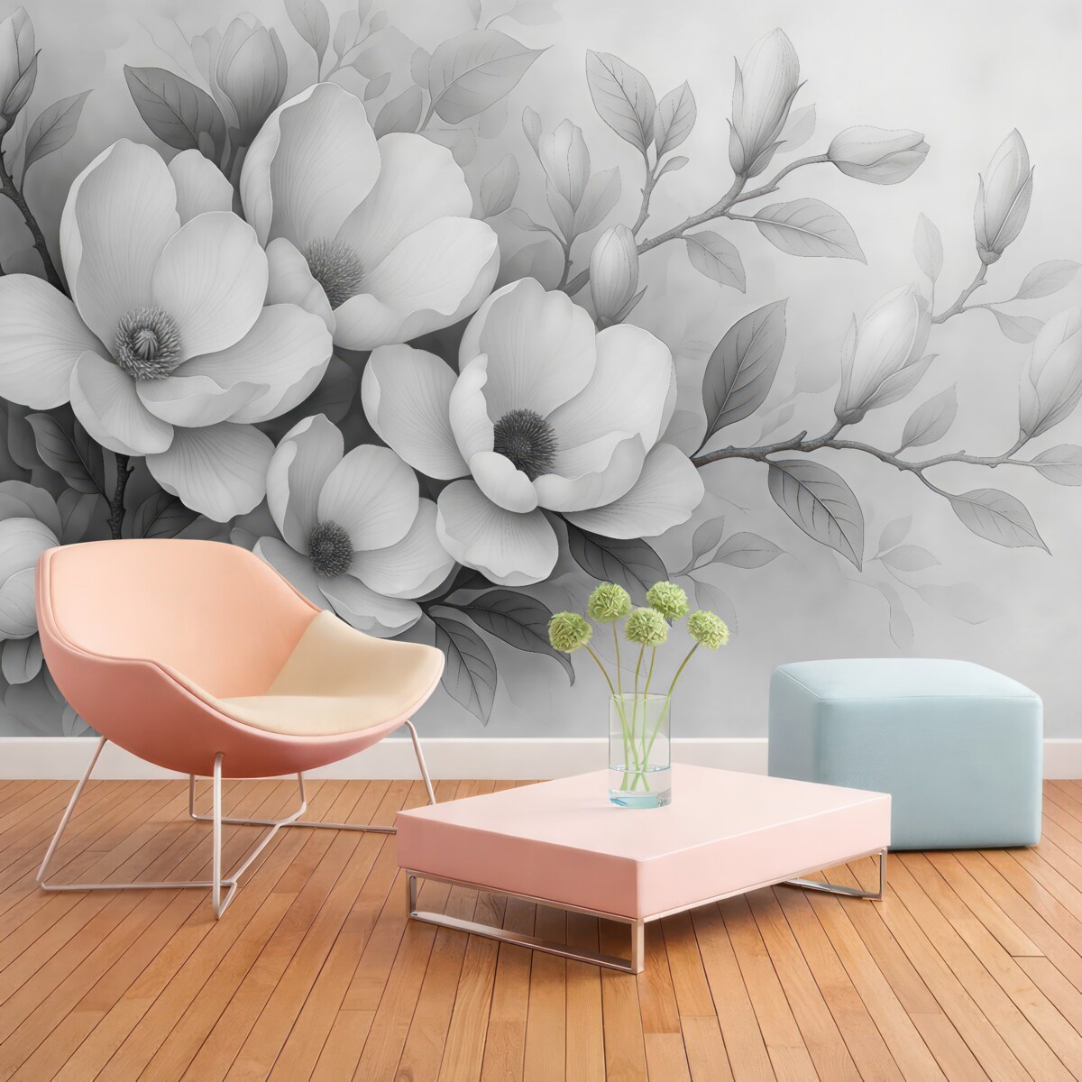 Fototapeta Ilustracja magnolii w odcieniach czerni i bieli na szarym tle.