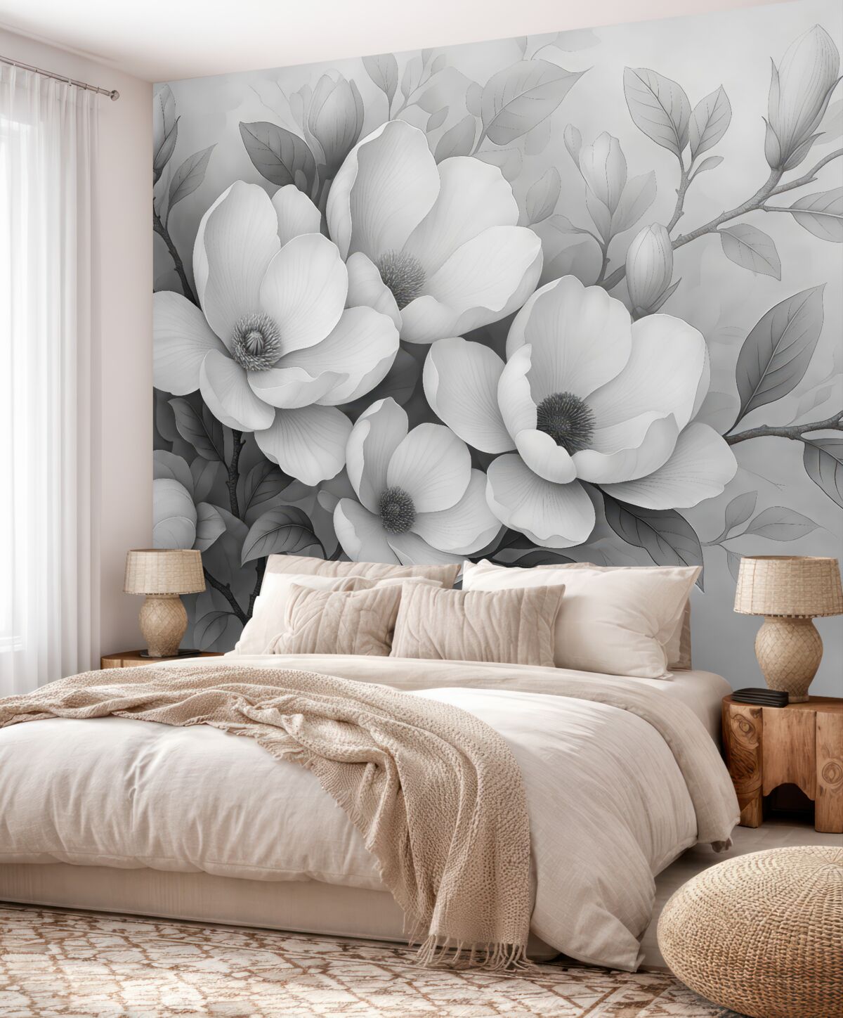 Fototapeta Ilustracja magnolii w odcieniach czerni i bieli na szarym tle.