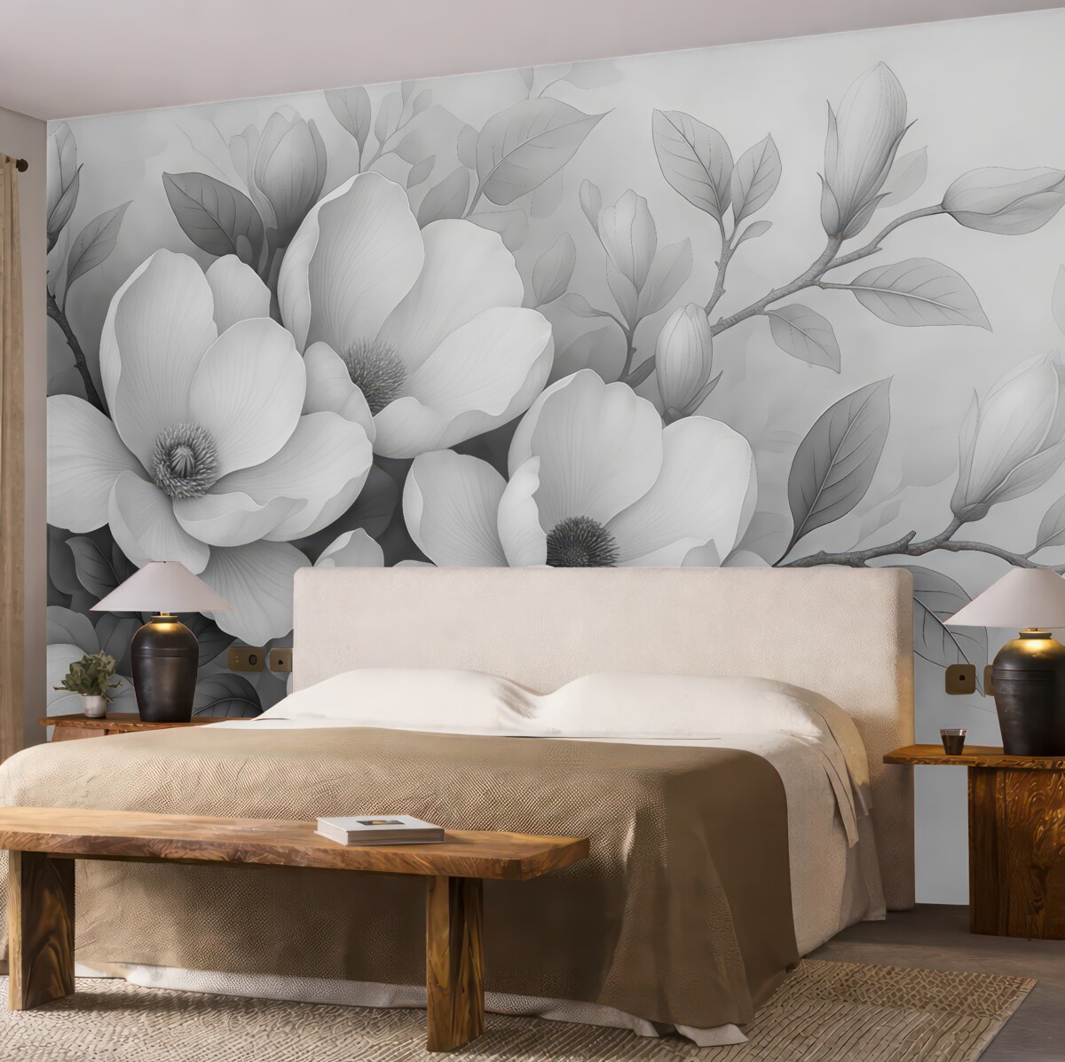 Fototapeta Ilustracja magnolii w odcieniach czerni i bieli na szarym tle.