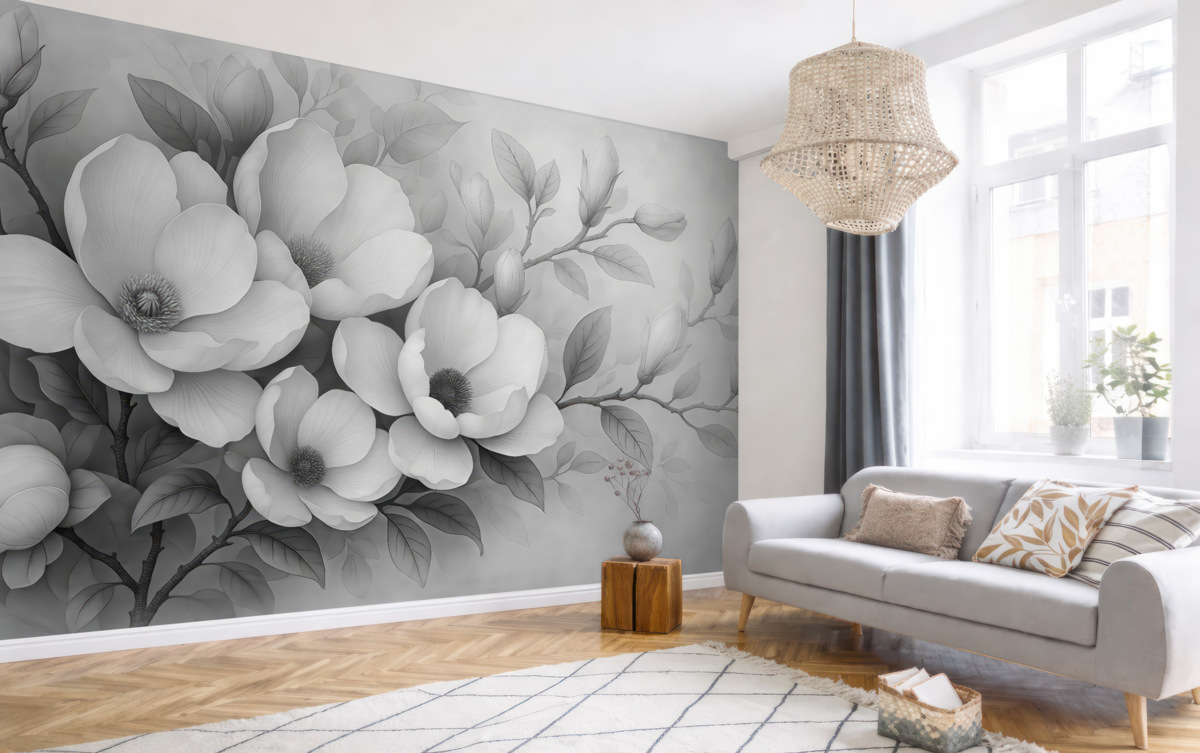 Fototapeta Ilustracja magnolii w odcieniach czerni i bieli na szarym tle.