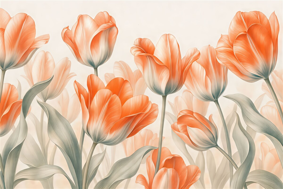 Fototapeta Czerwone i pomarańczowe kwiaty stylowych tulipanów w delikatnych barwach.
