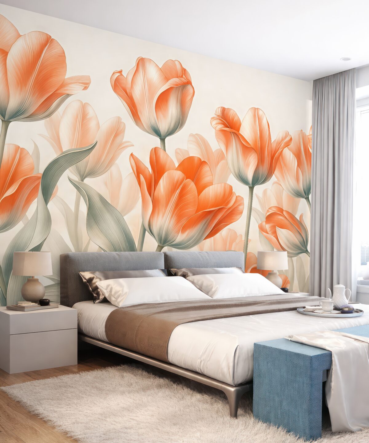 Fototapeta Czerwone i pomarańczowe kwiaty stylowych tulipanów w delikatnych barwach.