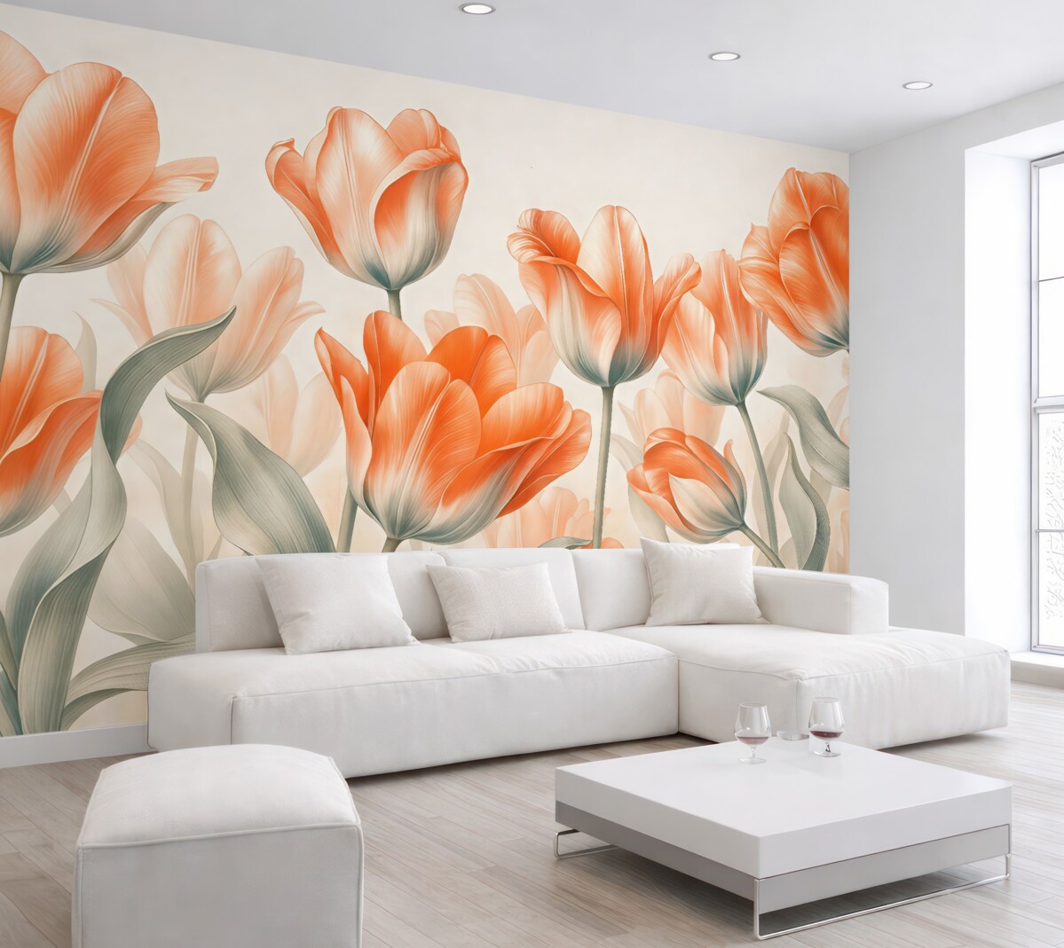 Fototapeta Czerwone i pomarańczowe kwiaty stylowych tulipanów w delikatnych barwach.