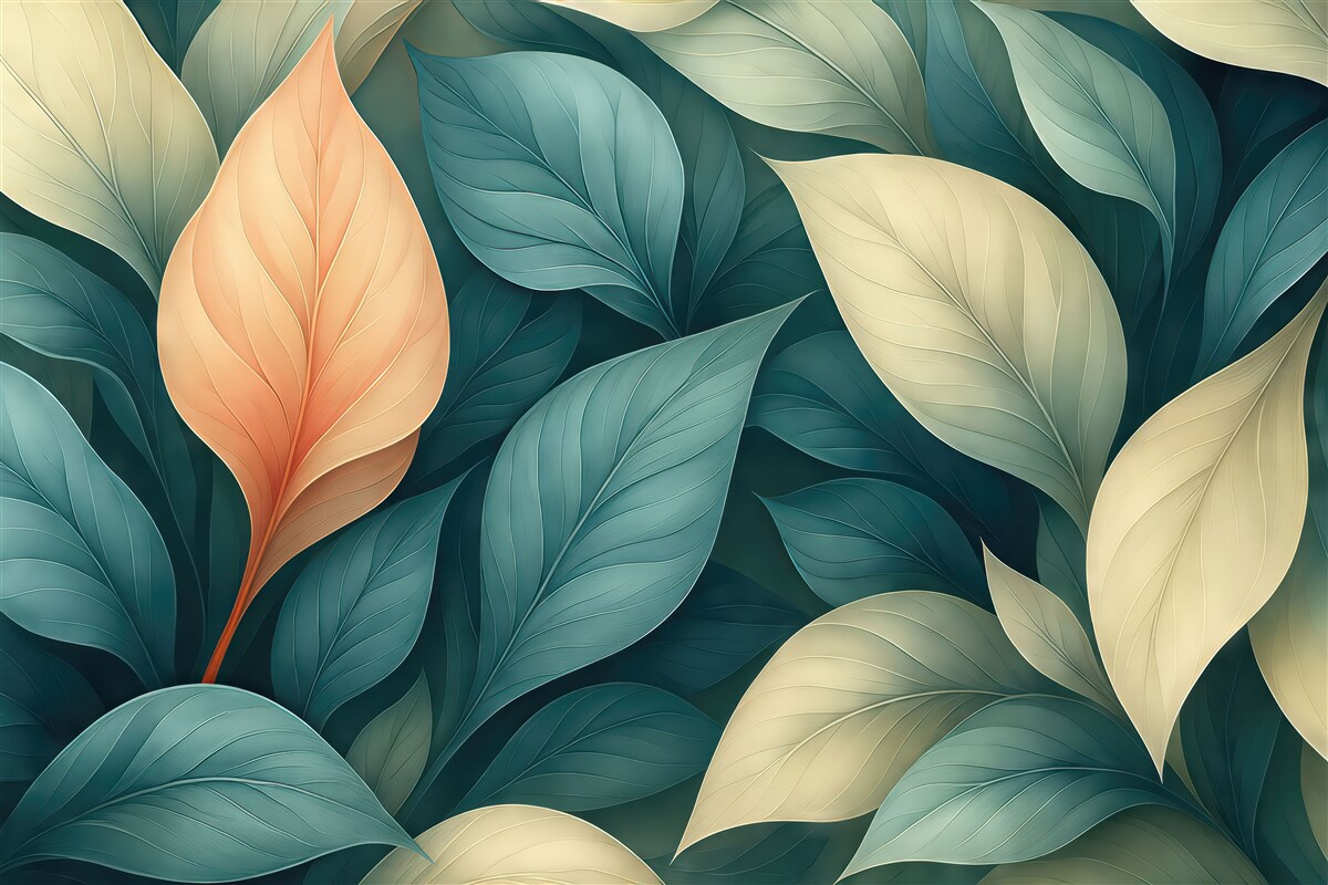 Fototapeta Abstrakcyjne liście jesieni w subtelnych niebiesko-pomarańczowych kolorach.