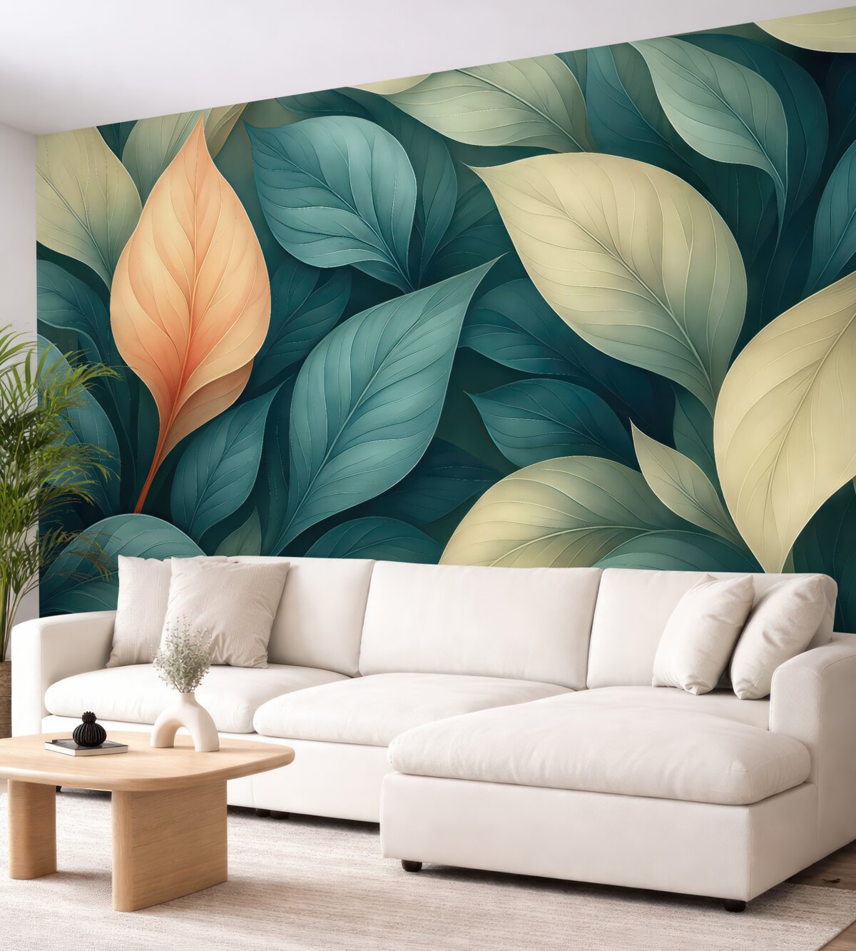 Fototapeta Abstrakcyjne liście jesieni w subtelnych niebiesko-pomarańczowych kolorach.