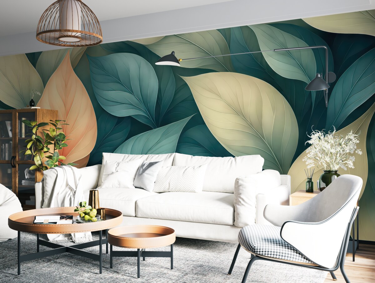 Fototapeta Abstrakcyjne liście jesieni w subtelnych niebiesko-pomarańczowych kolorach.