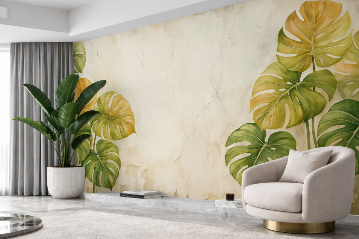Fototapeta Tropikalna monstera zostawia na ścianie akwarelę o fakturze łuszczącej się starej białej powłoki, w odcieniach zielonym i pomarańczowym.