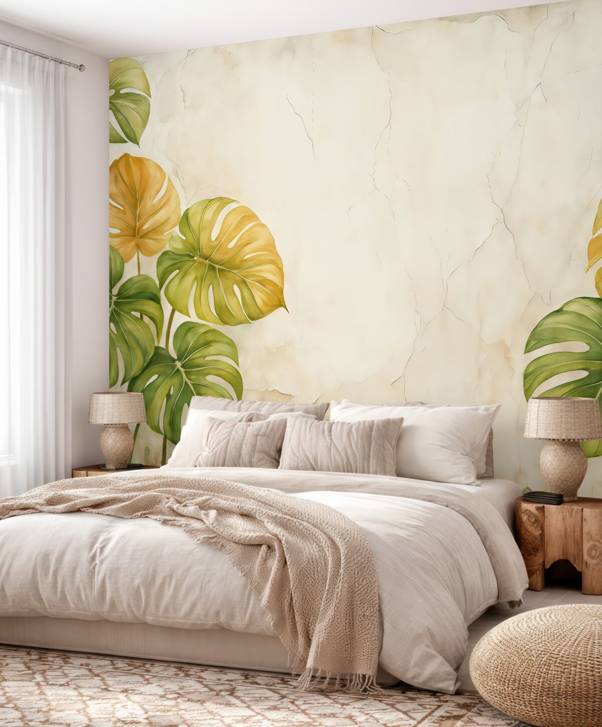 Fototapeta Tropikalna monstera zostawia na ścianie akwarelę o fakturze łuszczącej się starej białej powłoki, w odcieniach zielonym i pomarańczowym.