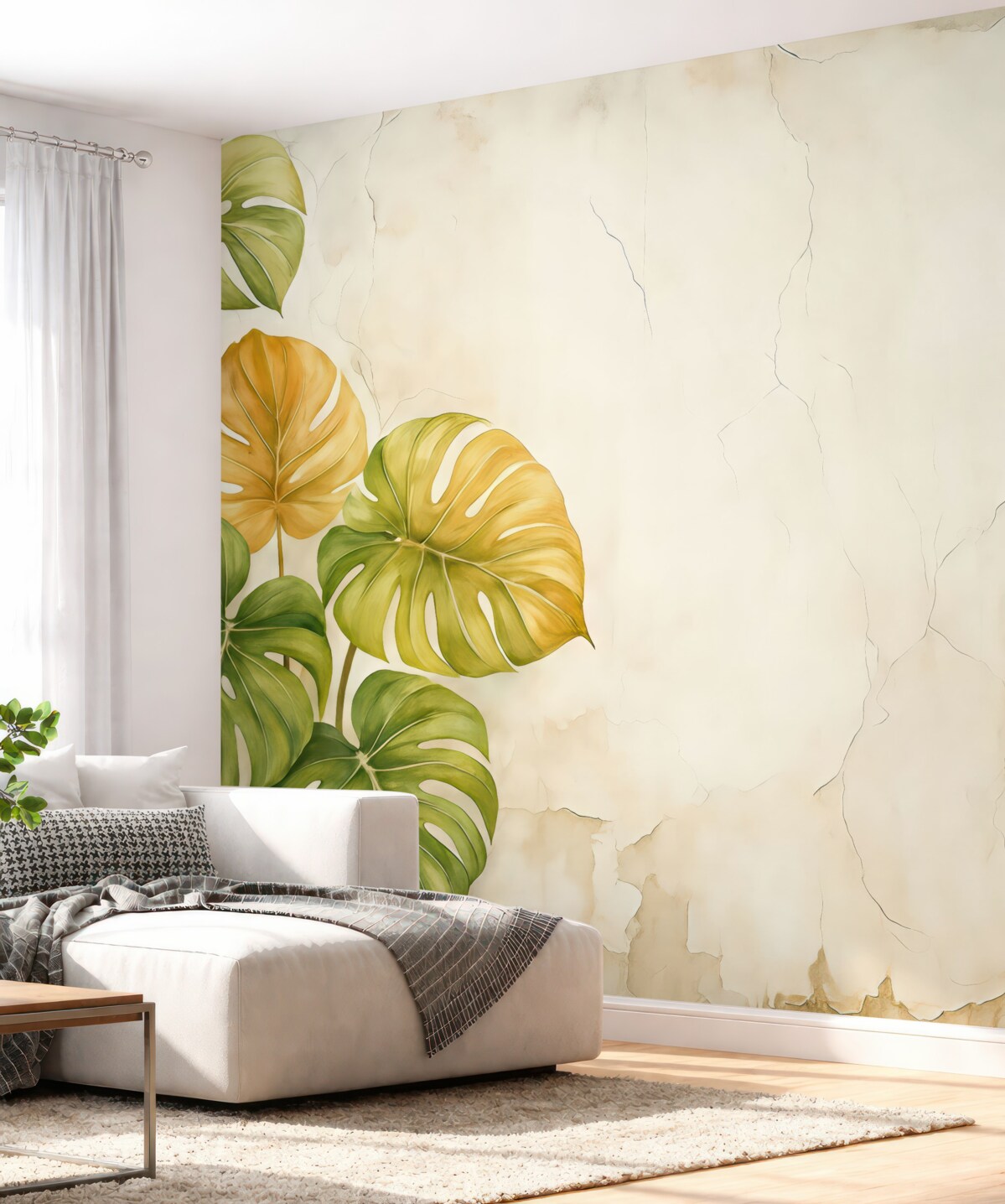 Fototapeta Tropikalna monstera zostawia na ścianie akwarelę o fakturze łuszczącej się starej białej powłoki, w odcieniach zielonym i pomarańczowym.