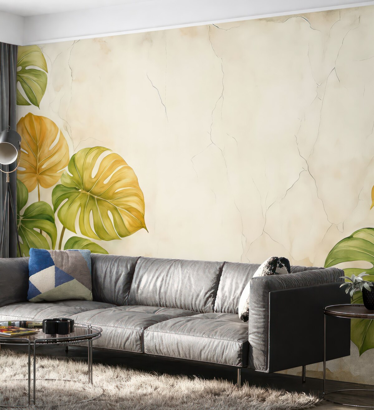 Fototapeta Tropikalna monstera zostawia na ścianie akwarelę o fakturze łuszczącej się starej białej powłoki, w odcieniach zielonym i pomarańczowym.