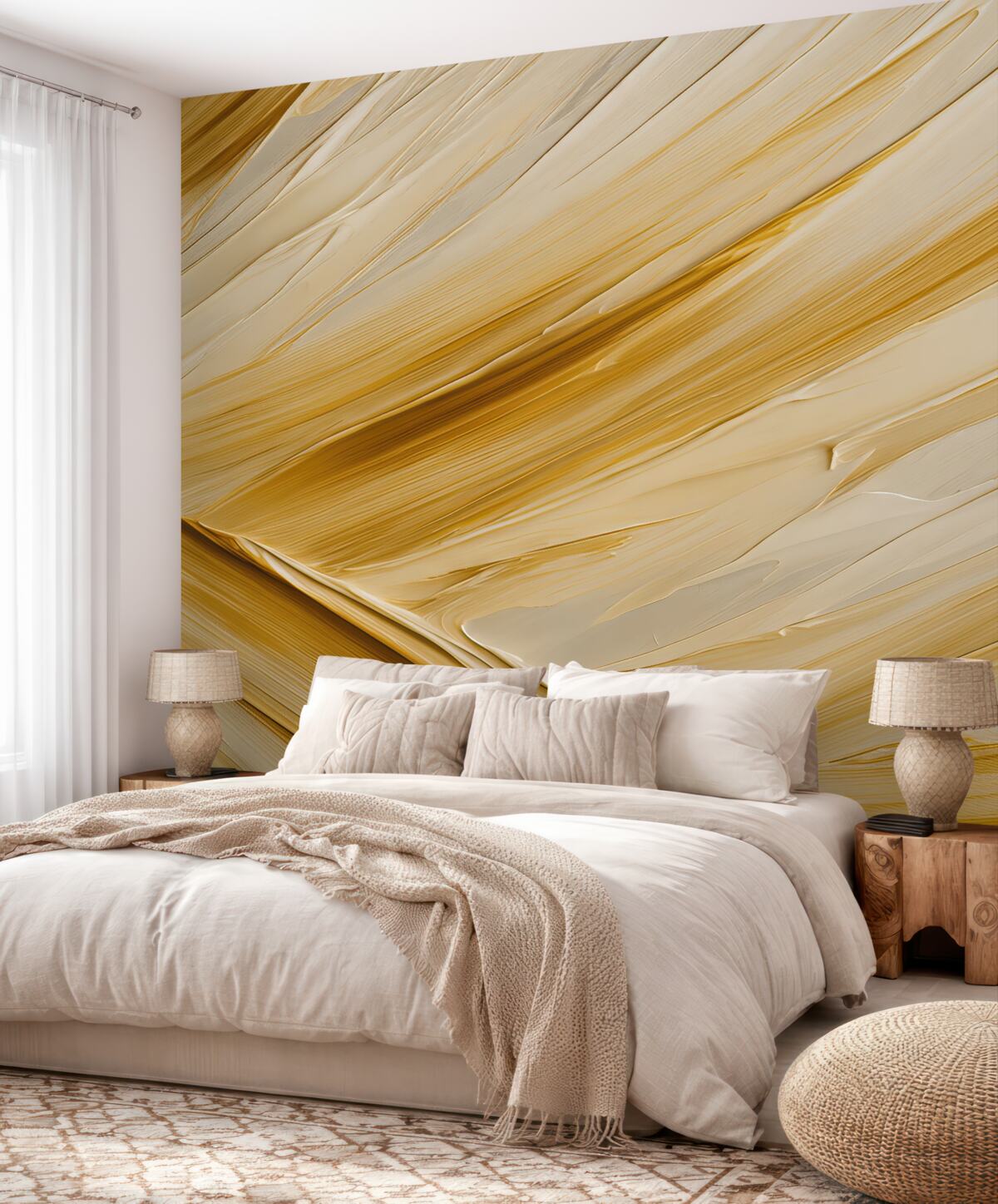 Fototapeta Imponujące pociągnięcia farby, wydłużona sekcja tropikalnego liścia, abstrakcyjny charakter, odcienie beżu i pomarańczy.