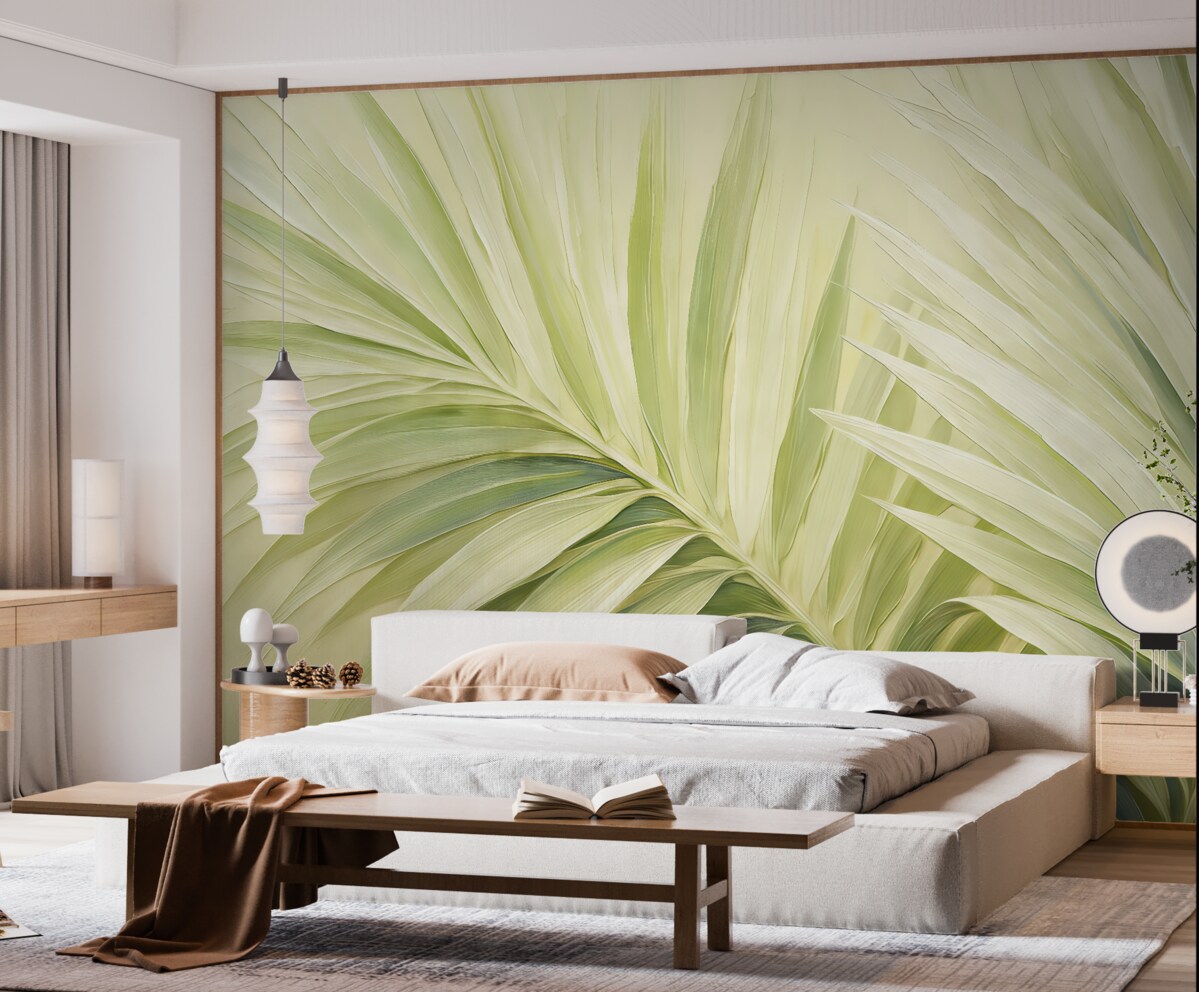 Fototapeta Liść palmy tropikalnej, abstrakcja dużych ruchów, powiększona, w kolorze zielonym.