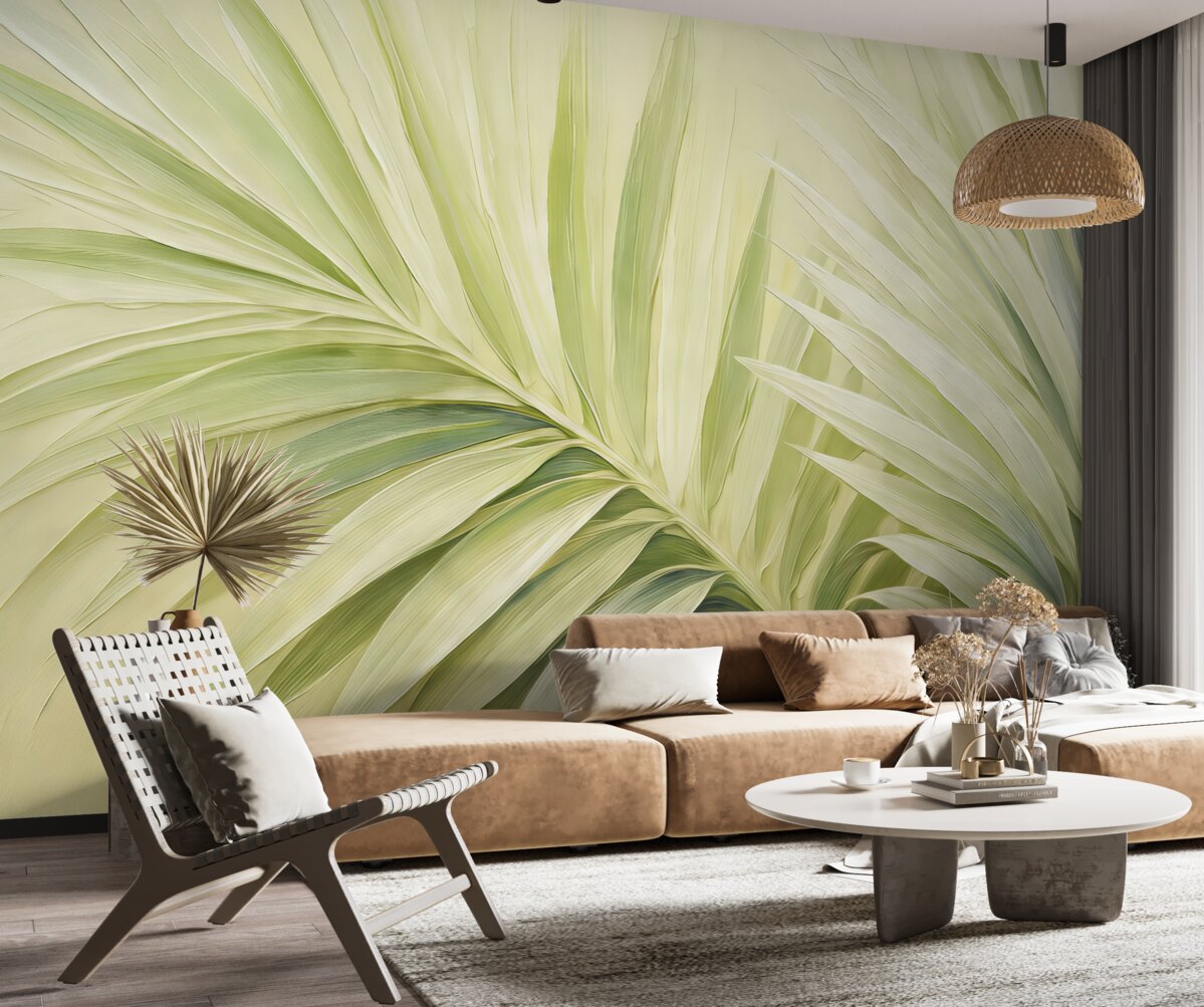 Fototapeta Liść palmy tropikalnej, abstrakcja dużych ruchów, powiększona, w kolorze zielonym.