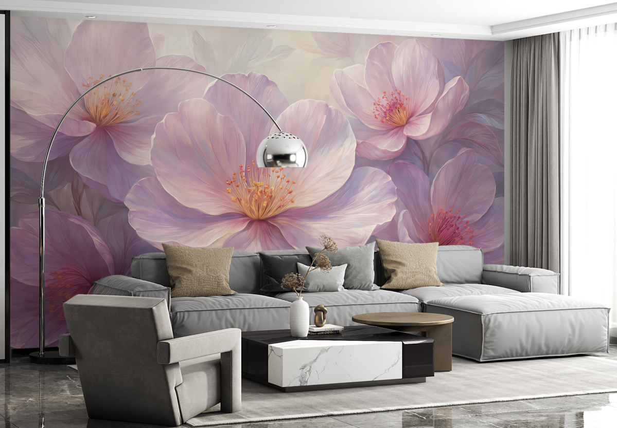 Fototapeta Subtelne przezroczyste pastelowe neonowe jasnoróżowe oraz białe kwiaty na łagodnym, zmiękczonym tle.