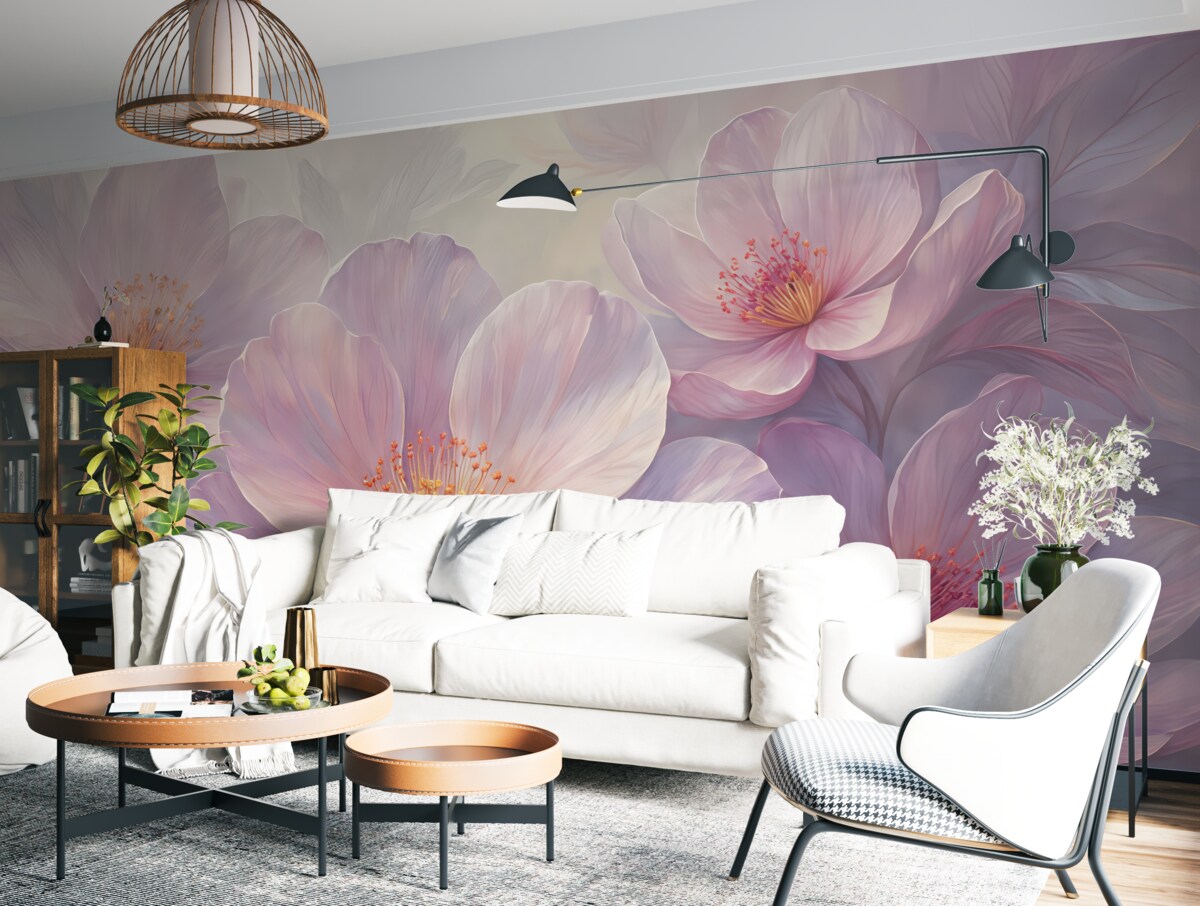 Fototapeta Subtelne przezroczyste pastelowe neonowe jasnoróżowe oraz białe kwiaty na łagodnym, zmiękczonym tle.