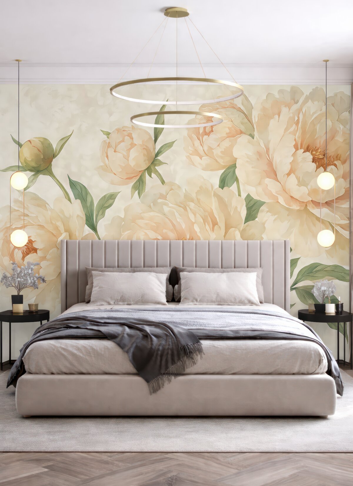 Fototapeta Wielkie, subtelne piwonie w odcieniu brzoskwiniowym z zielonymi liśćmi na łagodnym, jasnym tle.