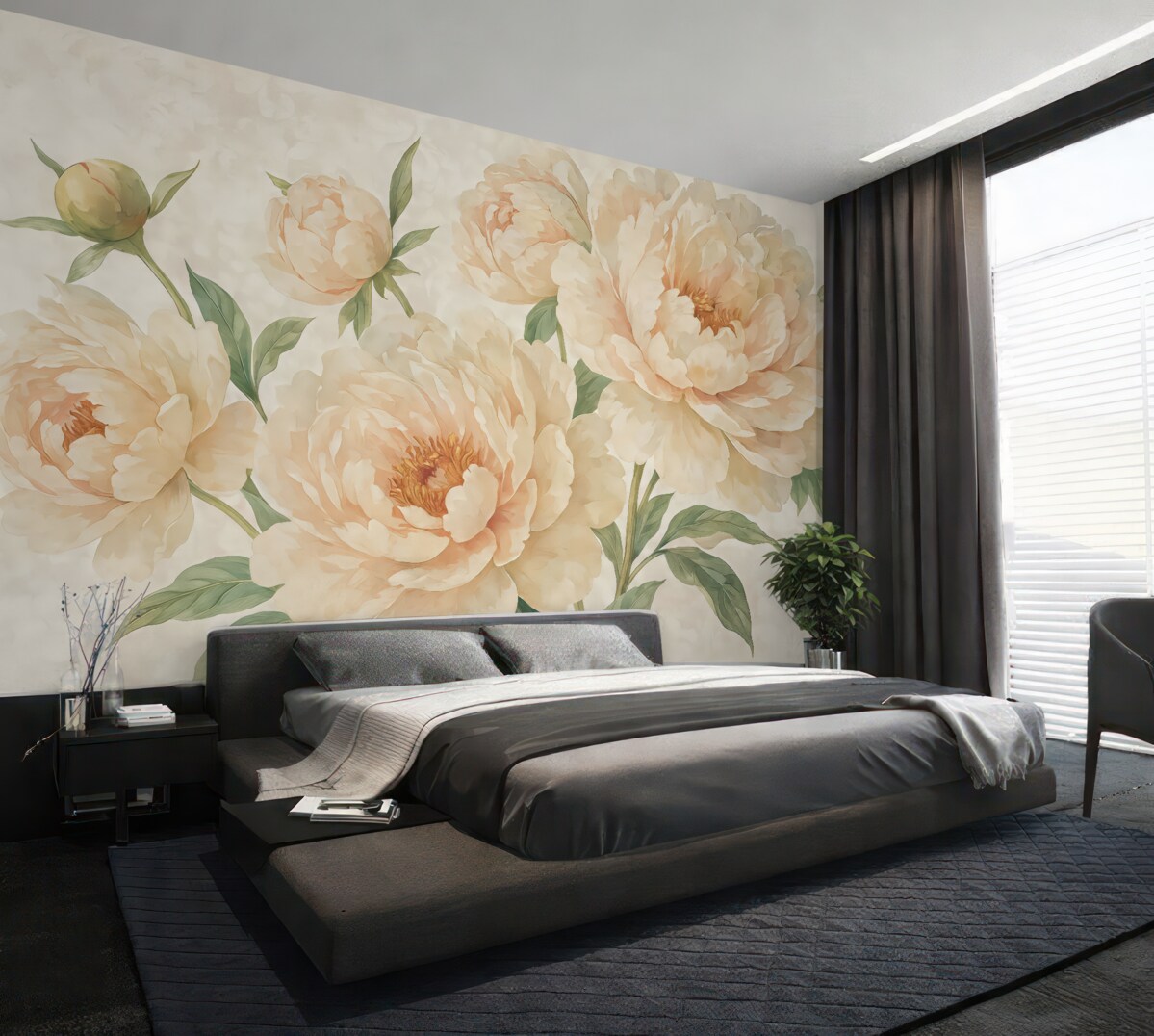 Fototapeta Wielkie, subtelne piwonie w odcieniu brzoskwiniowym z zielonymi liśćmi na łagodnym, jasnym tle.