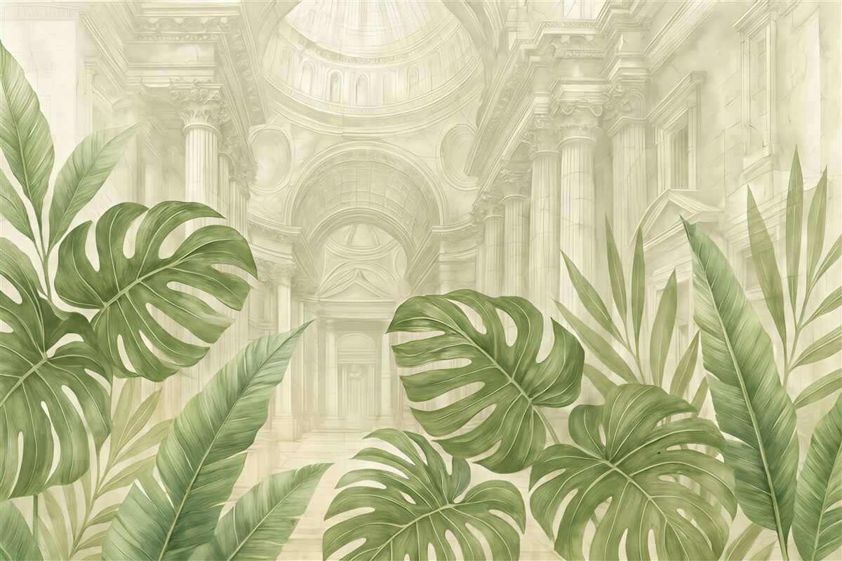 Fototapeta Znakomity rysunek, dekoracyjne marmurowe kolumny architektoniczne oraz bujne tropikalne rośliny w kolorze zielonym.
