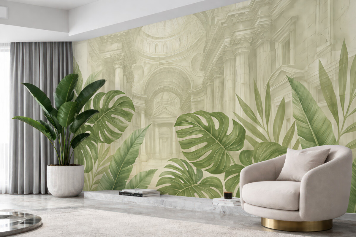 Fototapeta Znakomity rysunek, dekoracyjne marmurowe kolumny architektoniczne oraz bujne tropikalne rośliny w kolorze zielonym.