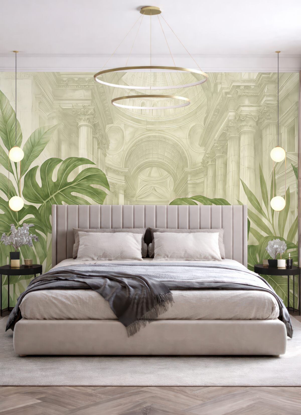 Fototapeta Znakomity rysunek, dekoracyjne marmurowe kolumny architektoniczne oraz bujne tropikalne rośliny w kolorze zielonym.