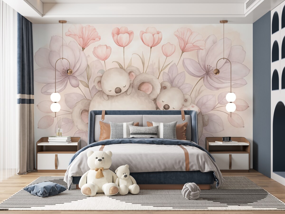 Fototapeta Piękne misie koala otoczone różowymi kwiatami oraz liśćmi na jasnym tle akwareli.