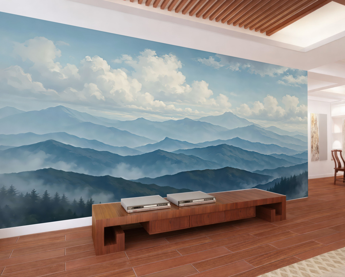 Fototapeta Mglista sceneria górska w stylu minimalizmu z wzgórzami i ciemnym niebem.