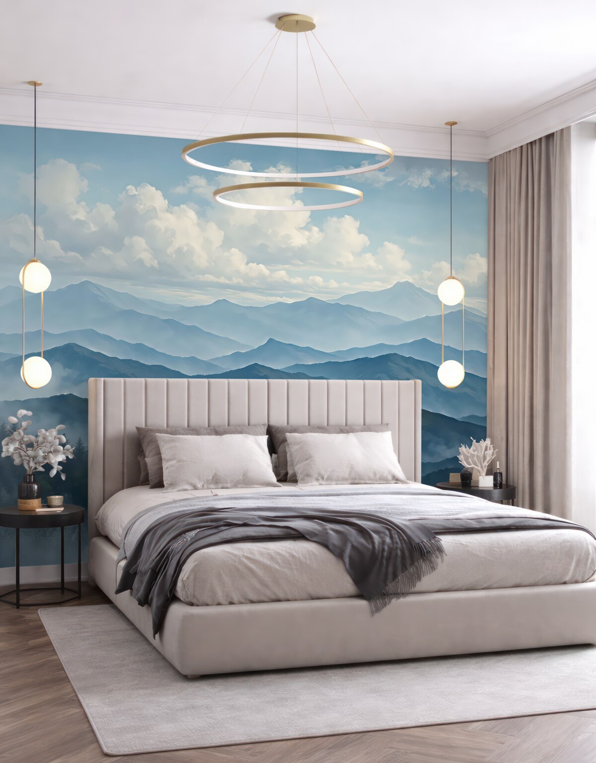 Fototapeta Mglista sceneria górska w stylu minimalizmu z wzgórzami i ciemnym niebem.