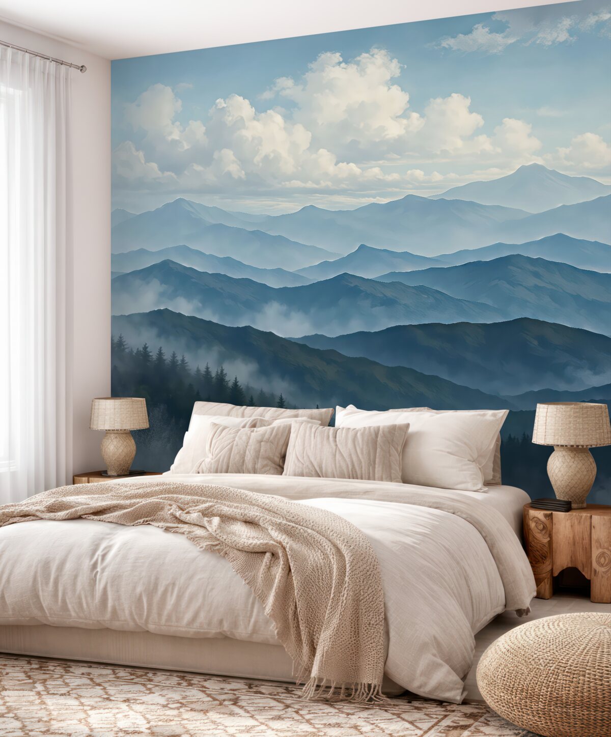 Fototapeta Mglista sceneria górska w stylu minimalizmu z wzgórzami i ciemnym niebem.