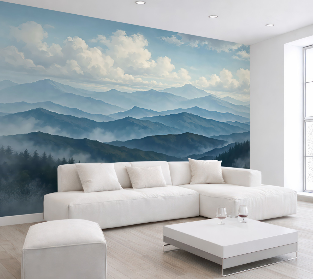 Fototapeta Mglista sceneria górska w stylu minimalizmu z wzgórzami i ciemnym niebem.