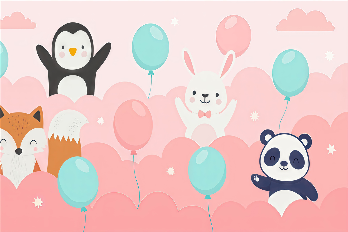 Fototapeta zwierzęta oraz balony w różowych obłokach