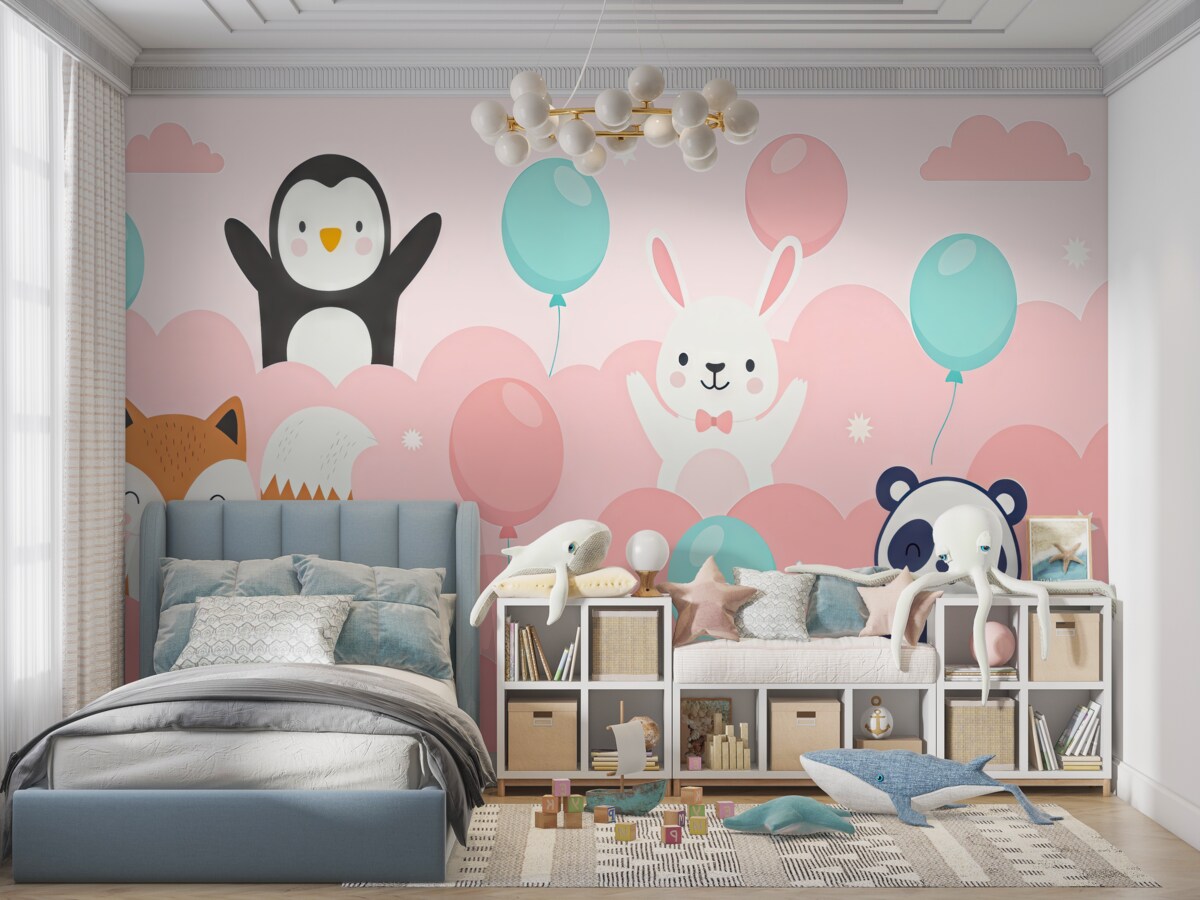 Fototapeta zwierzęta oraz balony w różowych obłokach