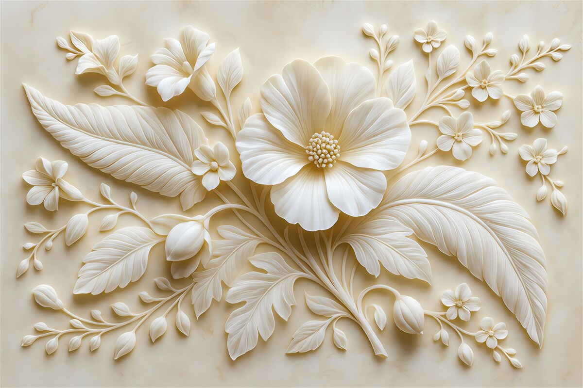 Fototapeta Trójwymiarowa rzeźba ścienna przedstawiająca pióra i kwiaty, z dużym makiem w tonacjach beżowych.