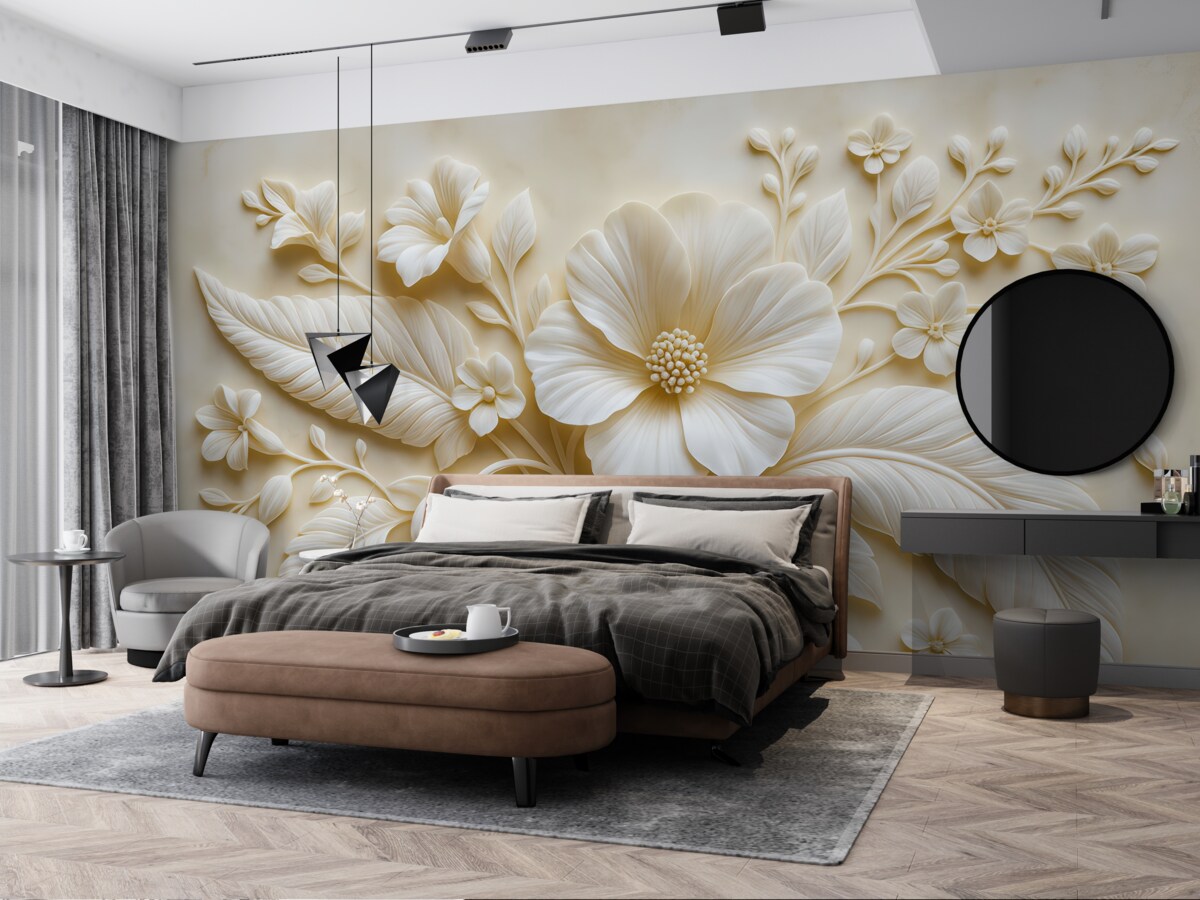 Fototapeta Trójwymiarowa rzeźba ścienna przedstawiająca pióra i kwiaty, z dużym makiem w tonacjach beżowych.