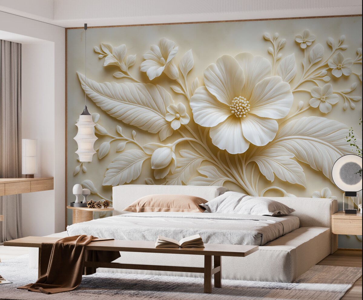 Fototapeta Trójwymiarowa rzeźba ścienna przedstawiająca pióra i kwiaty, z dużym makiem w tonacjach beżowych.