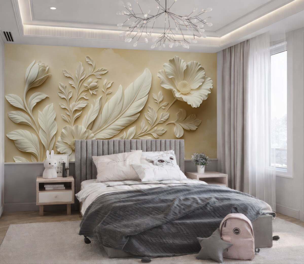 Fototapeta Stylowe kwiaty reliefowe z liśćmi i piórami w tonacjach beżowych.