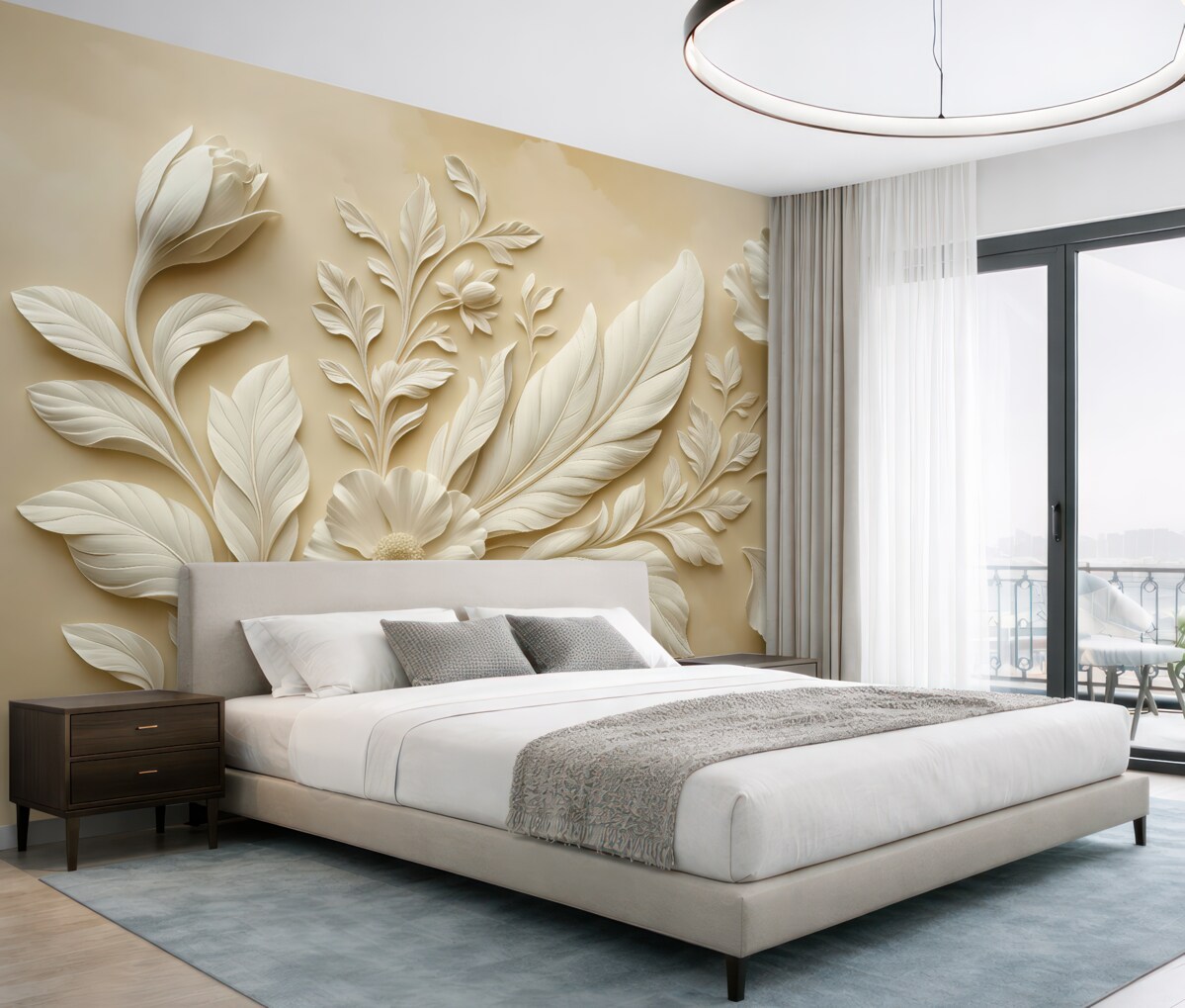 Fototapeta Stylowe kwiaty reliefowe z liśćmi i piórami w tonacjach beżowych.