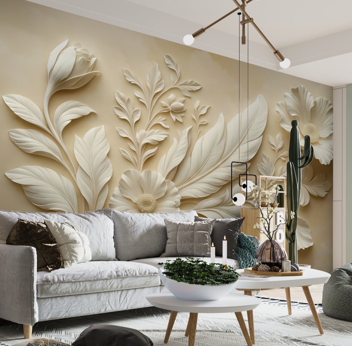 Fototapeta Stylowe kwiaty reliefowe z liśćmi i piórami w tonacjach beżowych.