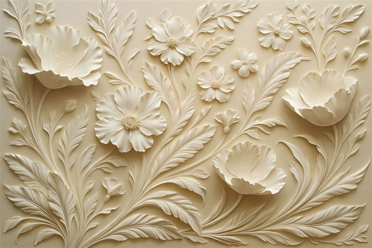 Fototapeta Zjawiskowe reliefowe kwiaty oraz liście w tonacjach beżu.
