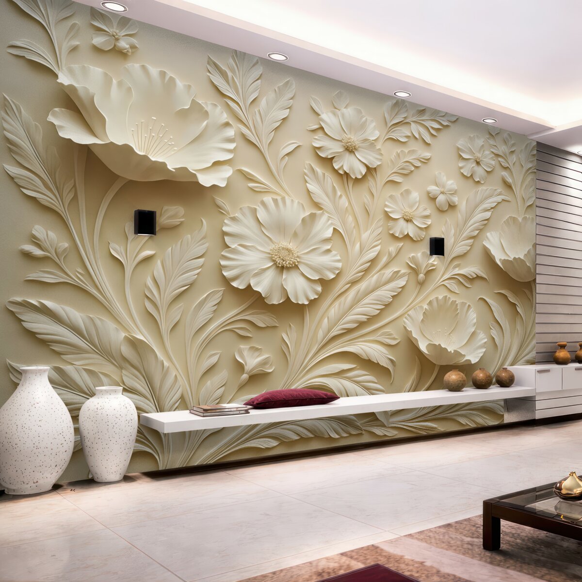 Fototapeta Zjawiskowe reliefowe kwiaty oraz liście w tonacjach beżu.