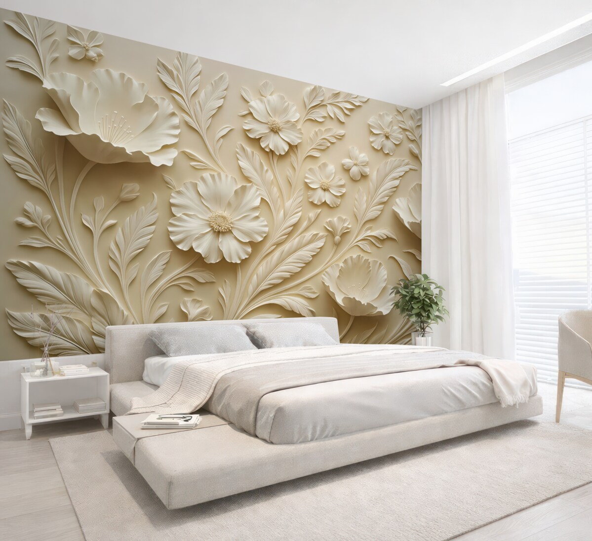 Fototapeta Zjawiskowe reliefowe kwiaty oraz liście w tonacjach beżu.