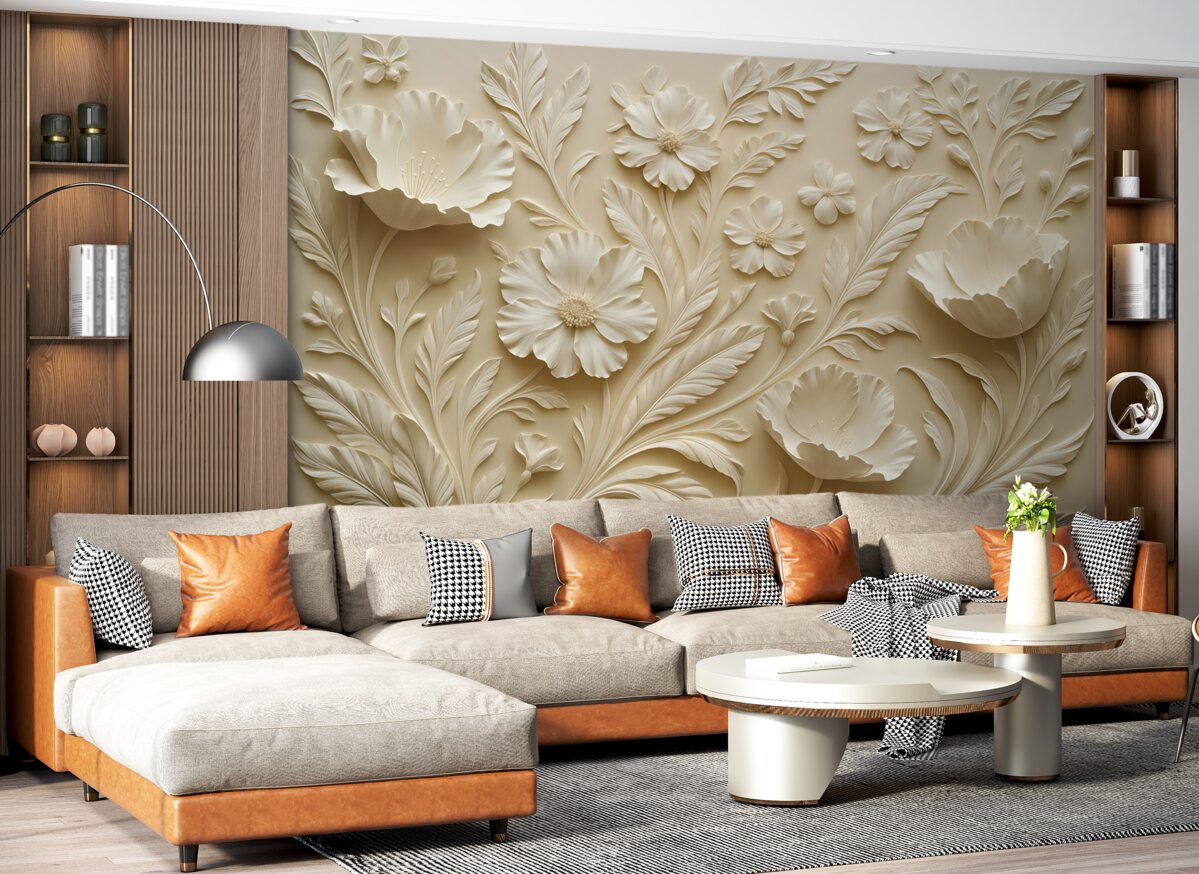 Fototapeta Zjawiskowe reliefowe kwiaty oraz liście w tonacjach beżu.