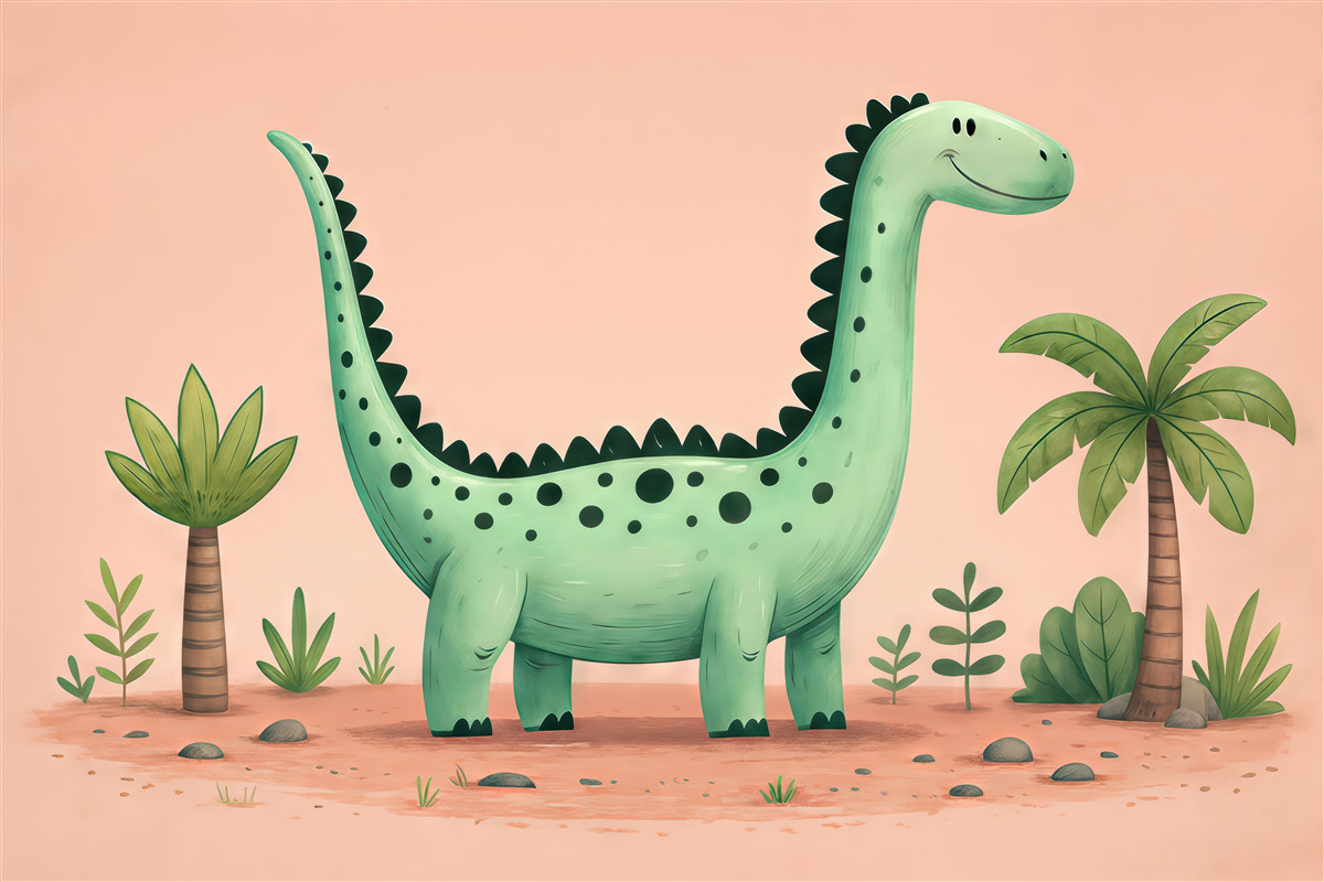 Fototapeta Cudowny dinozaur na różowym tle z drzewami palmowymi.