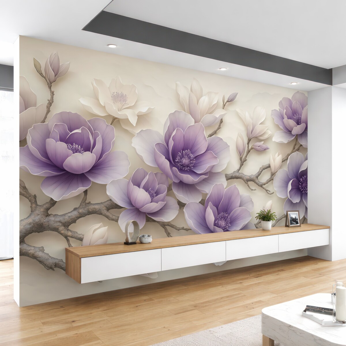 Fototapeta Fioletowe wypukłe kwiaty magnolii na subtelnej gałęzi.